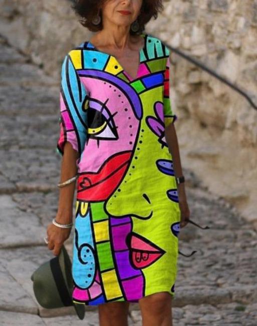 Robe midi à col en V imprimé art abstrait