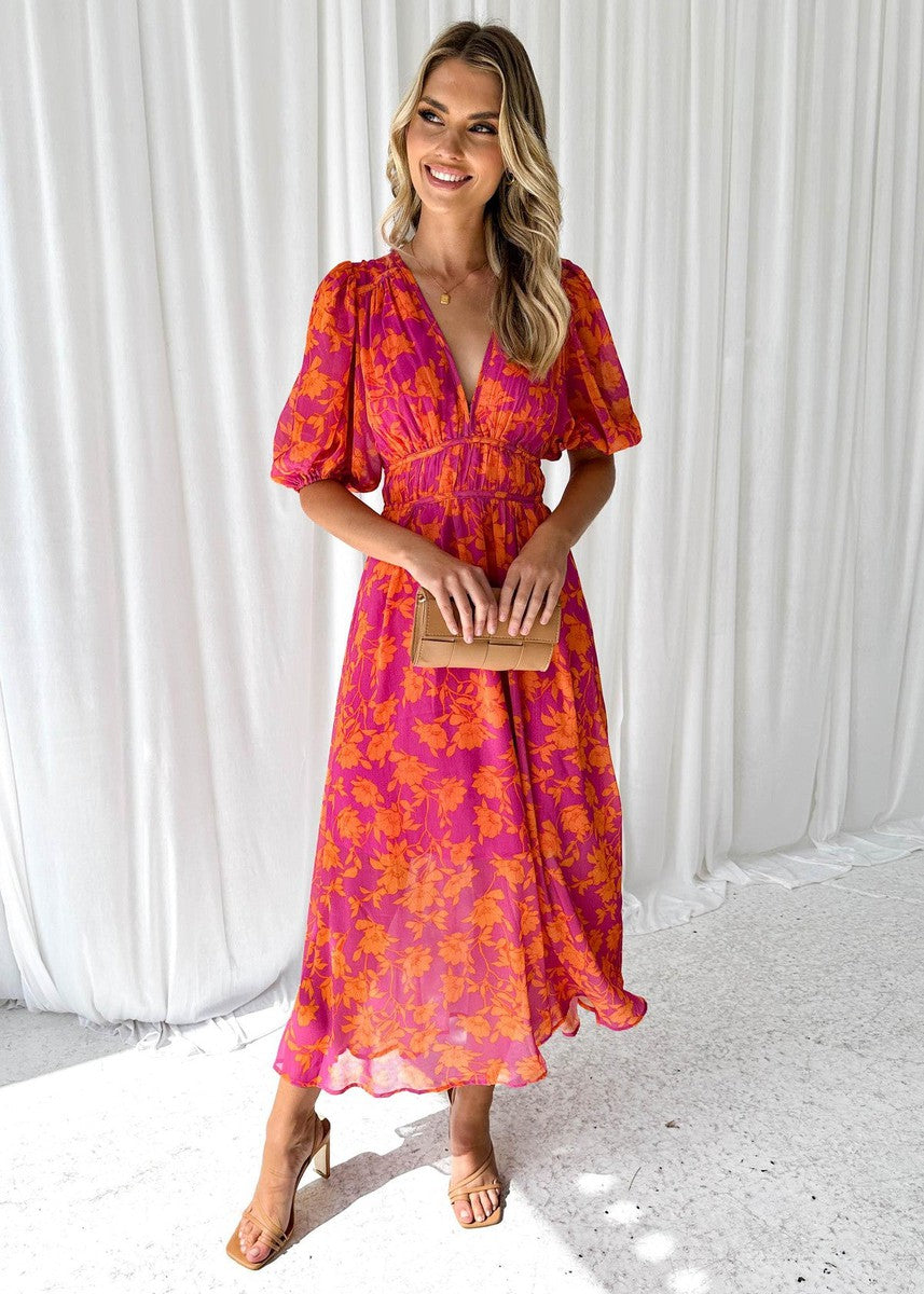 Women's Floral V-Neck Puff Sleeve Flowing Midi Dress