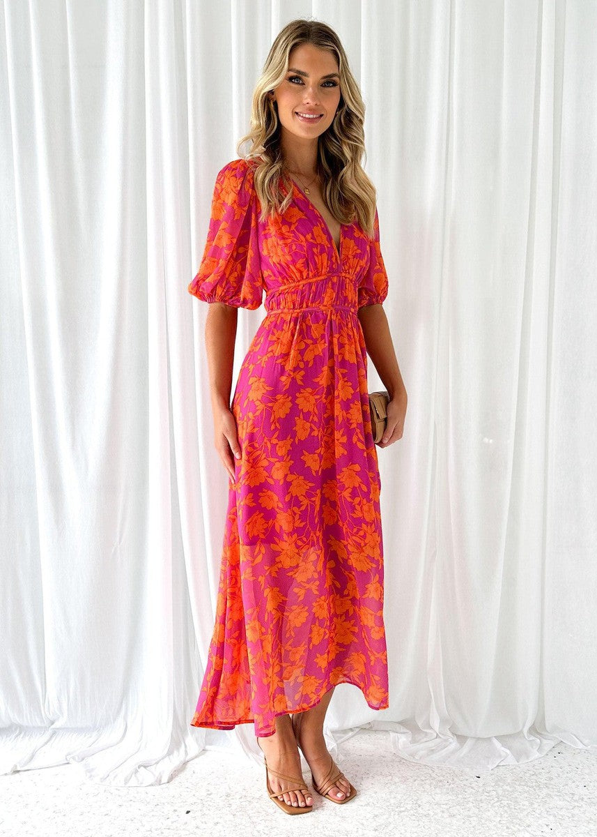 Women's Floral Midi Dress Puffed Sleeves
