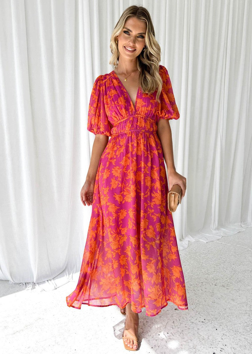 Women's Floral V-Neck Puff Sleeve Flowing Midi Dress