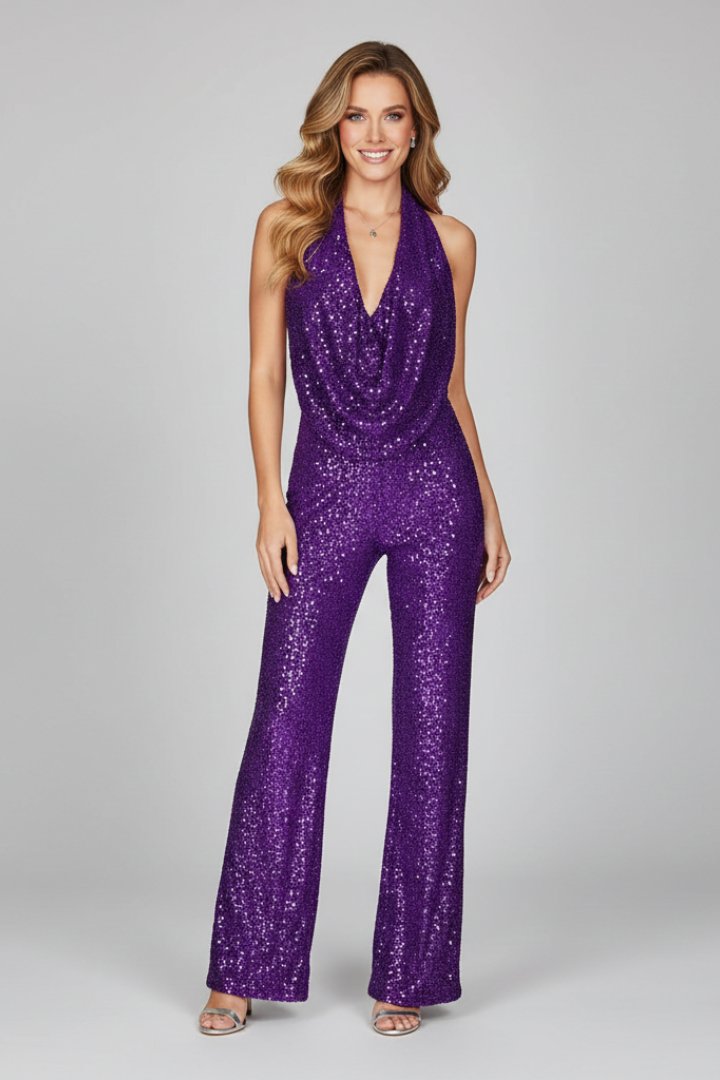 Women's Sequin Open Back Halter Jumpsuit
