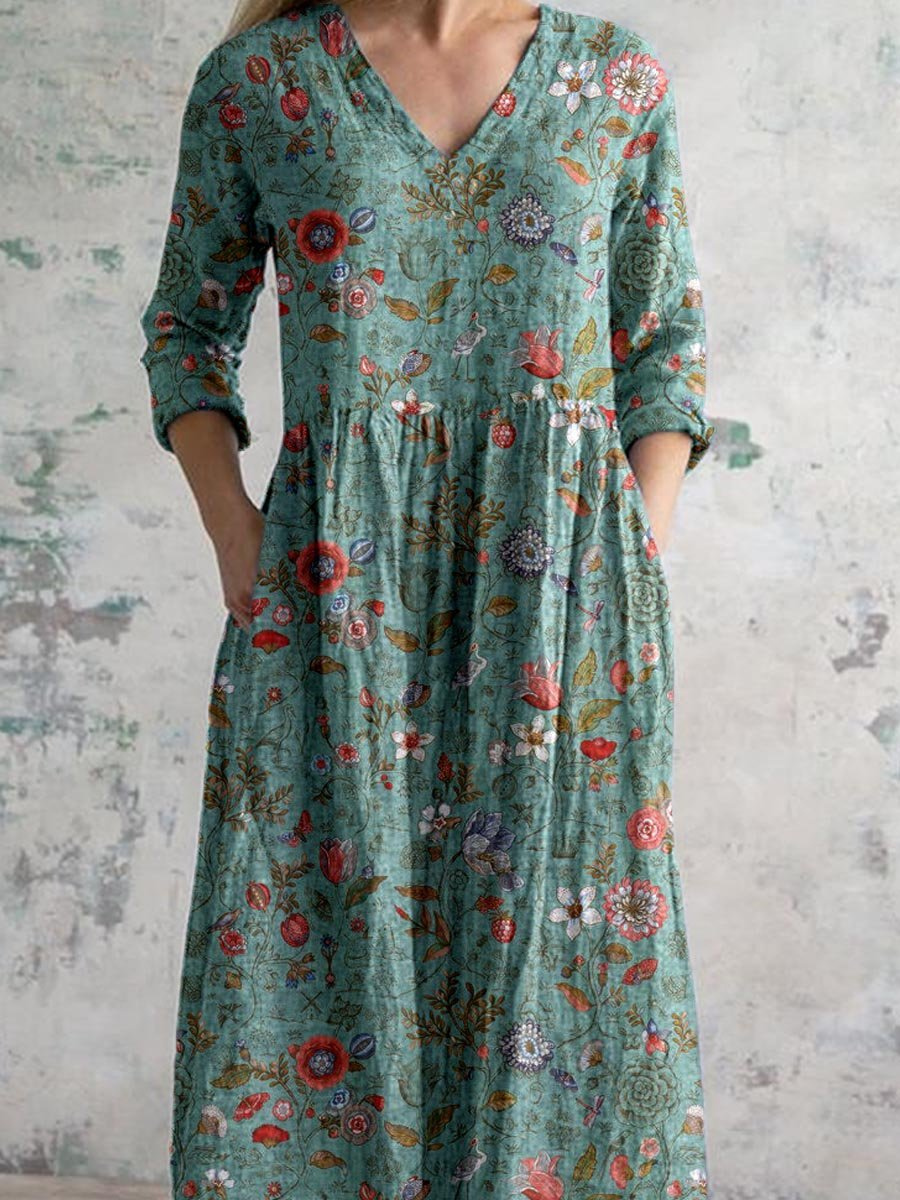 Γυναικείο Μάξι Φόρεμα Boho με Λουλούδια, V-Λαιμόκοψη και Σούρα στη Μέση με Τσέπες