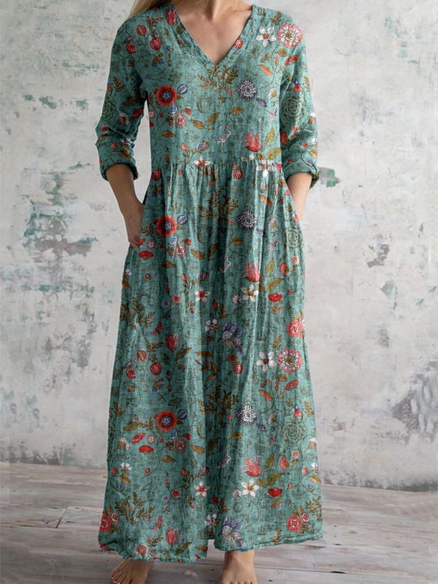 Γυναικείο Μάξι Φόρεμα Boho με Λουλούδια, V-Λαιμόκοψη και Σούρα στη Μέση με Τσέπες