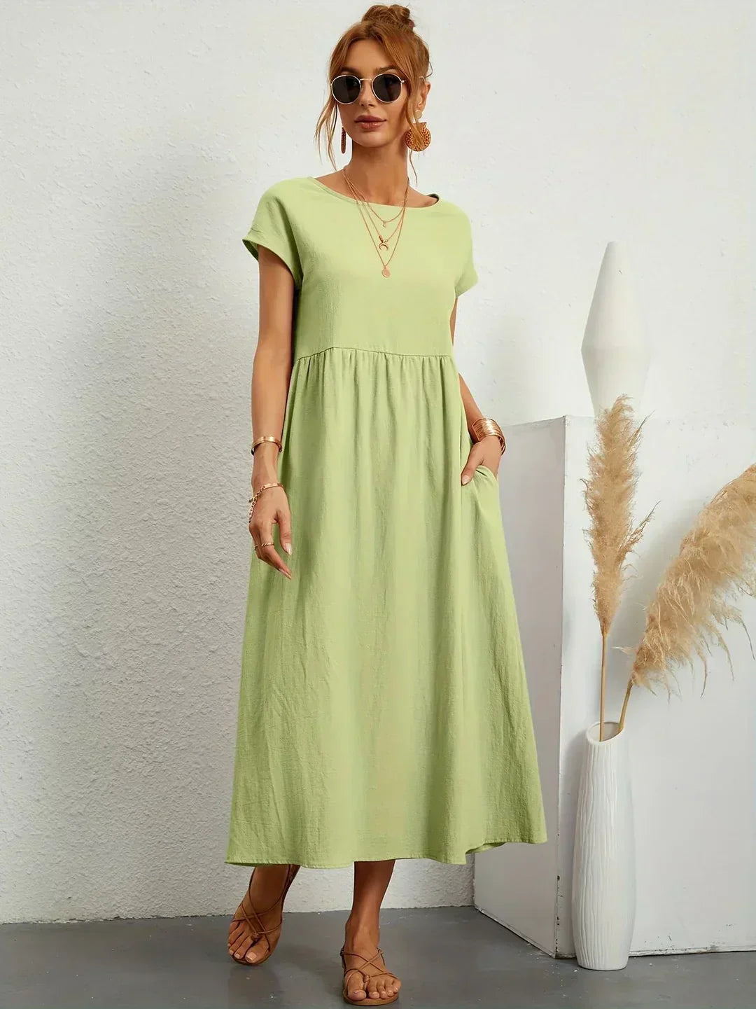Women’s Short Sleeve Midi Dress with Relaxed A-Line Silhouette