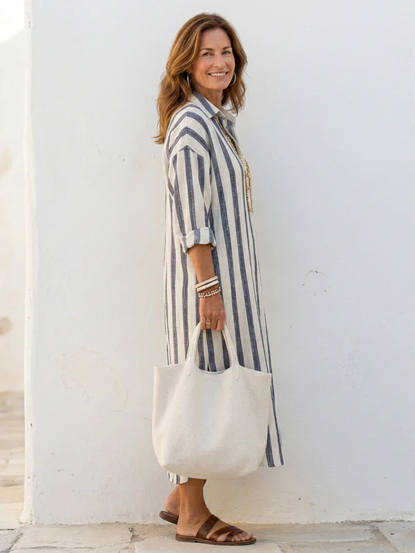 Women's Striped Midi Shirt Dress Long Sleeve