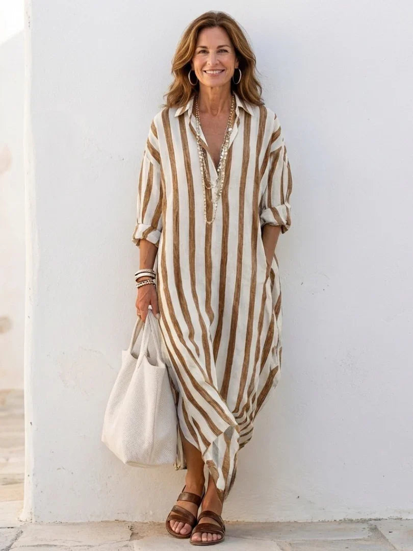 Women's Striped Midi Shirt Dress Long Sleeve