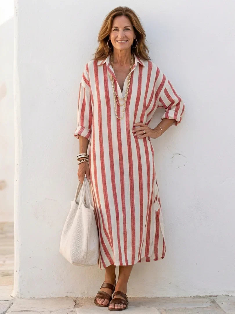Women's Striped Midi Shirt Dress Long Sleeve