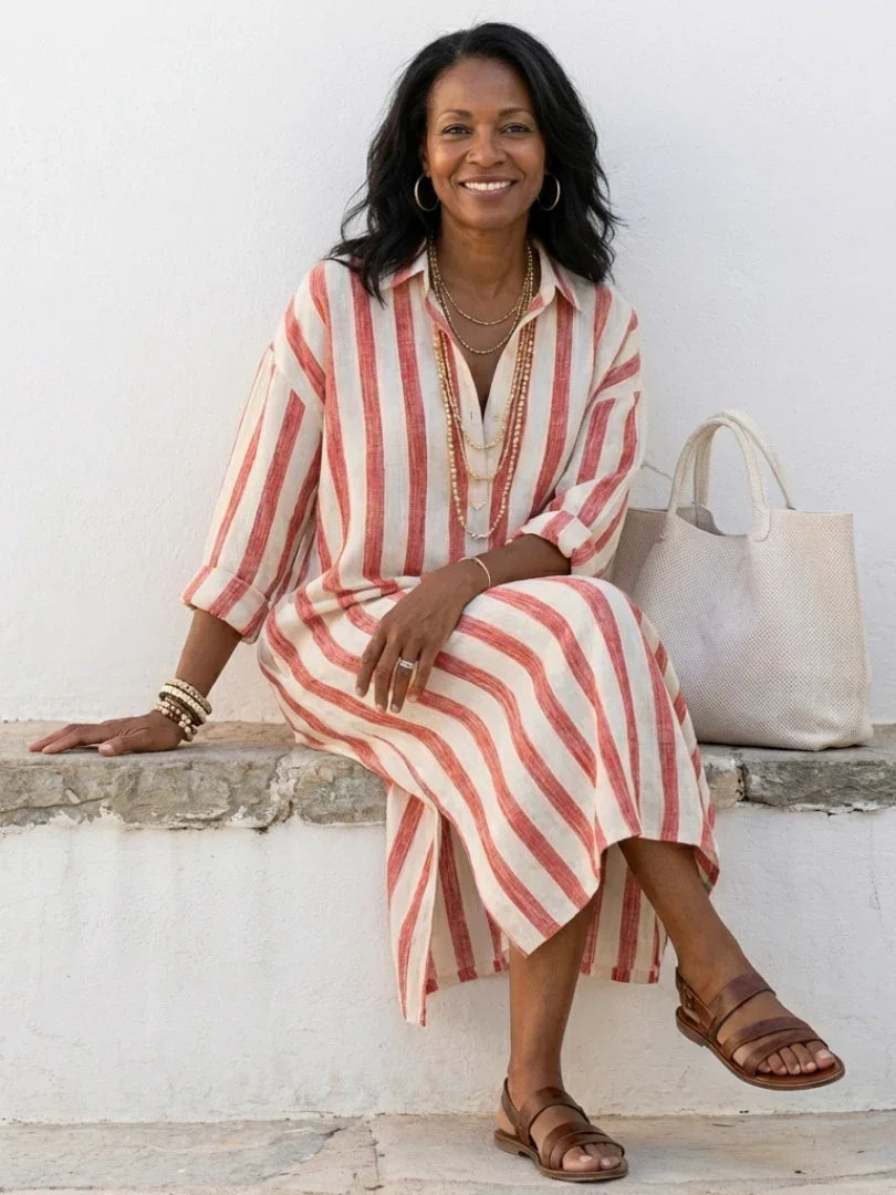 Women's Striped Midi Shirt Dress Long Sleeve