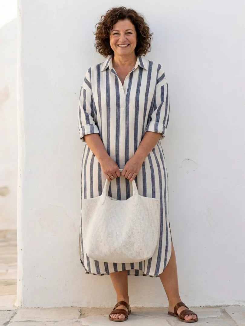 Women's Striped Midi Shirt Dress Long Sleeve