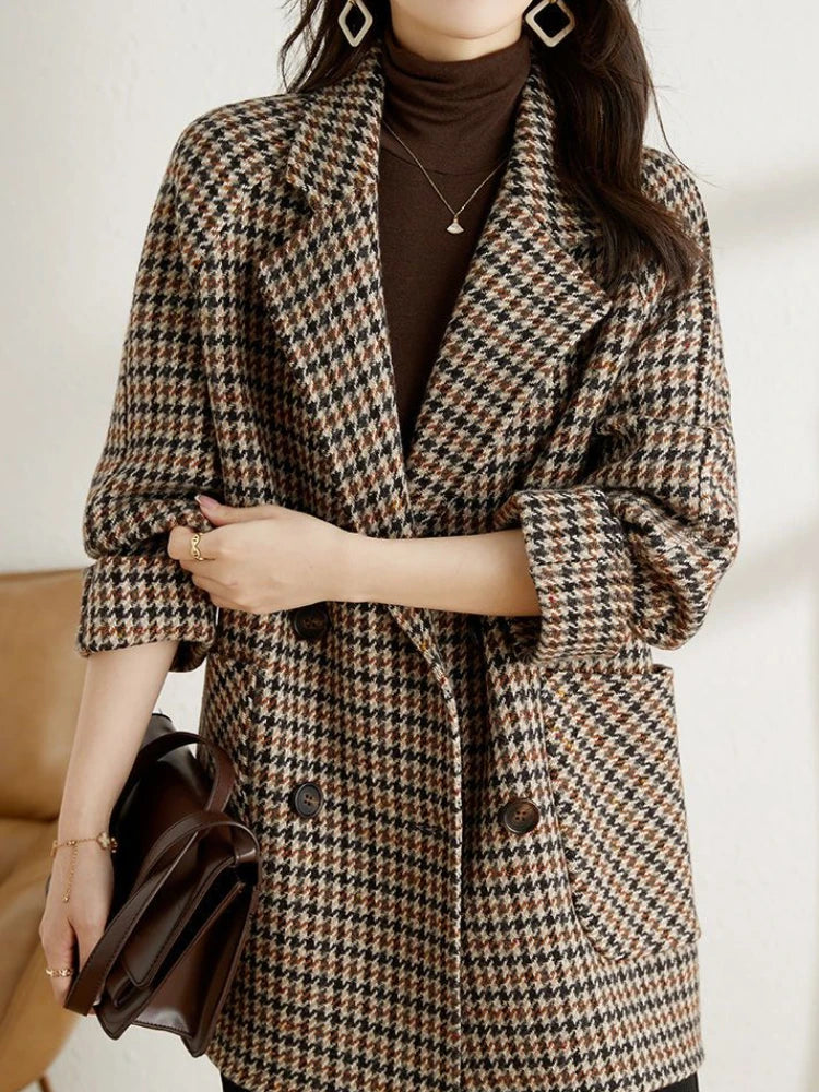 Women's Oversized Houndstooth Plaid Blazer