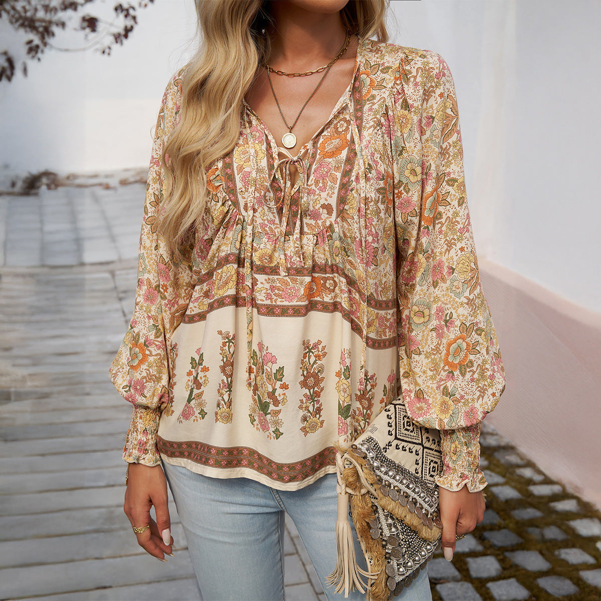 Γυναικεία Μπλούζα Boho με Λουλούδια, Χαλαρή