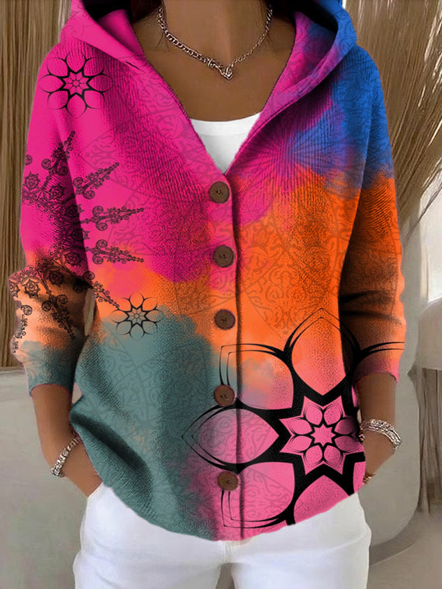 Women's Printed Button Front Hooded Sweatshirt
