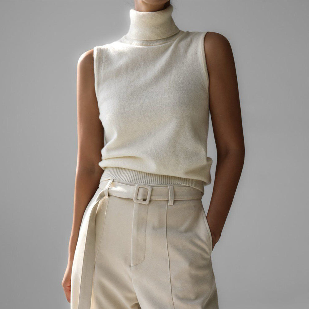 Top tricoté sans manches à col montant pour femme