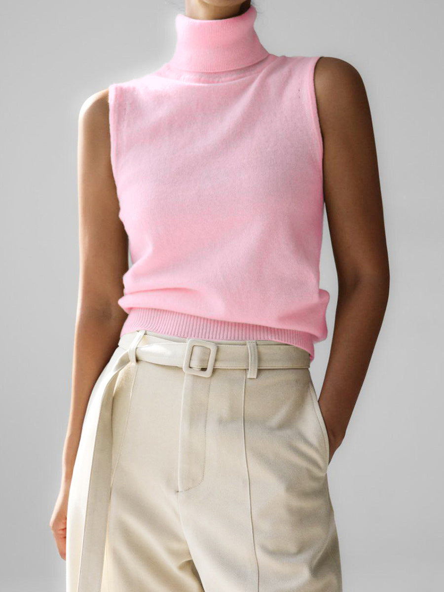 Top tricoté sans manches à col montant pour femme