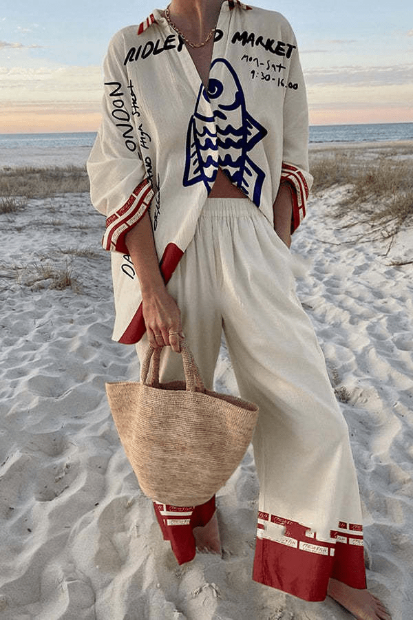 Ensemble pour femme avec haut imprimé à manches longues et pantalon à jambes larges