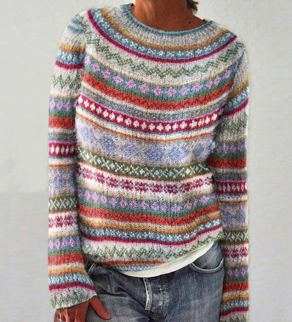Women's Multicolor Patterned Knit Cozy Crew Neck Sweater