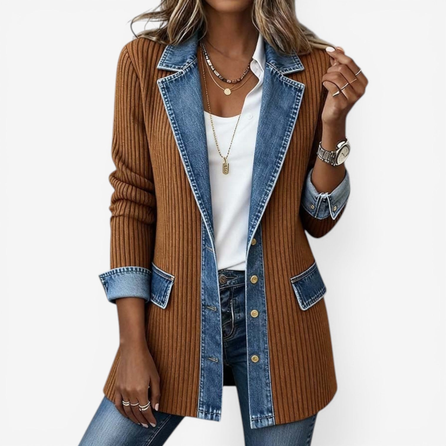 Giacca in maglia da donna con dettaglio in denim e apertura frontale