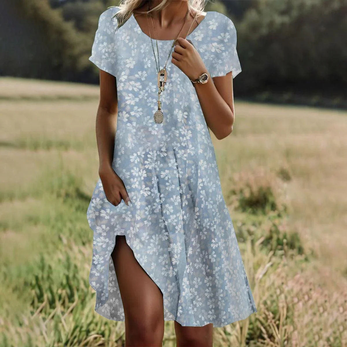 Women’s Floral Print Midi Dress with Fluid Cut