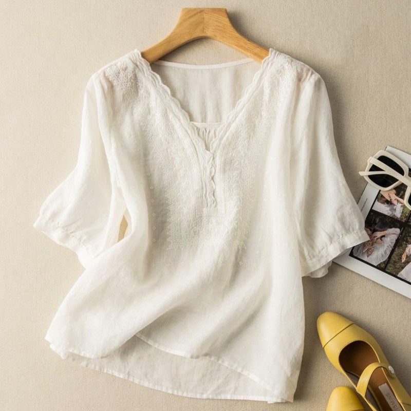 Blouse Femme Brodée Col V avec Coupe Décontractée