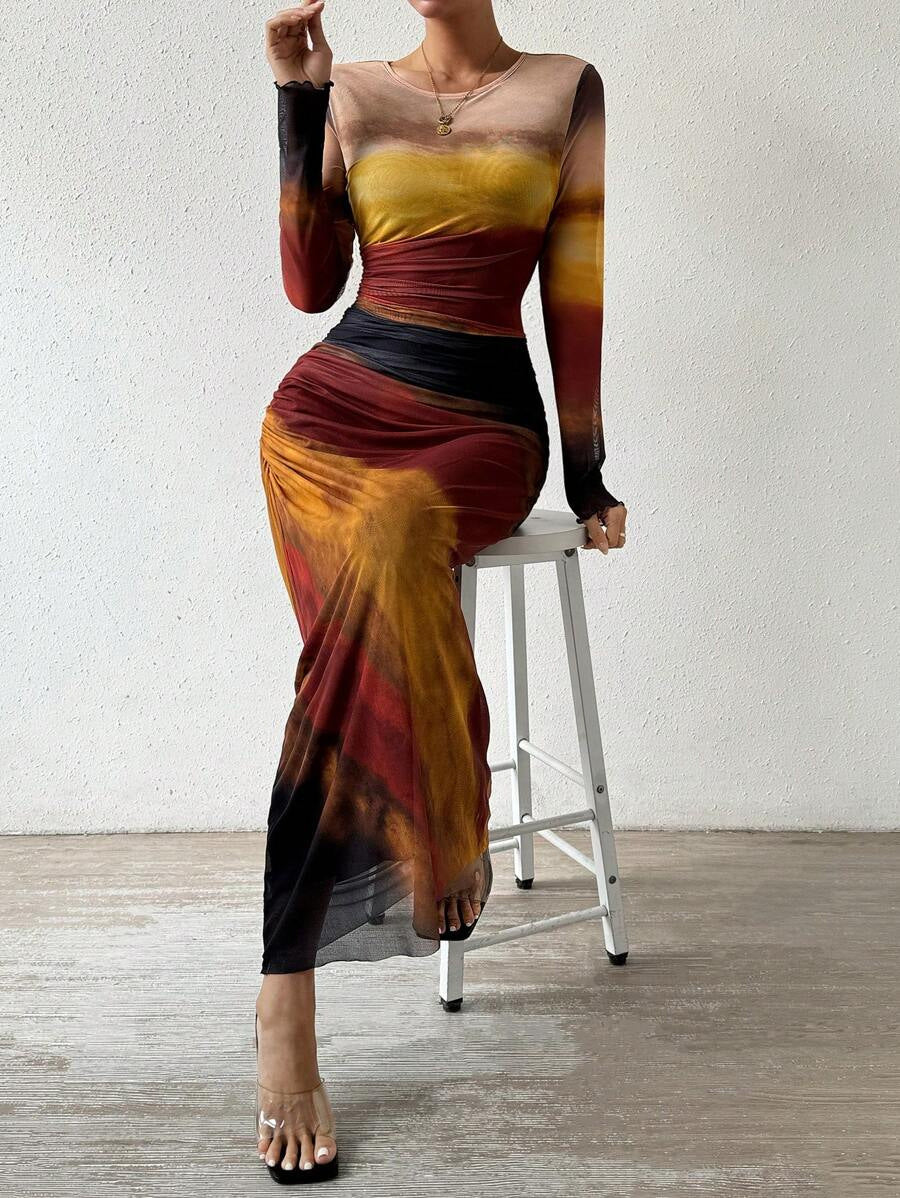 Women's Printed Bodycon Long Sleeve Maxi Dress