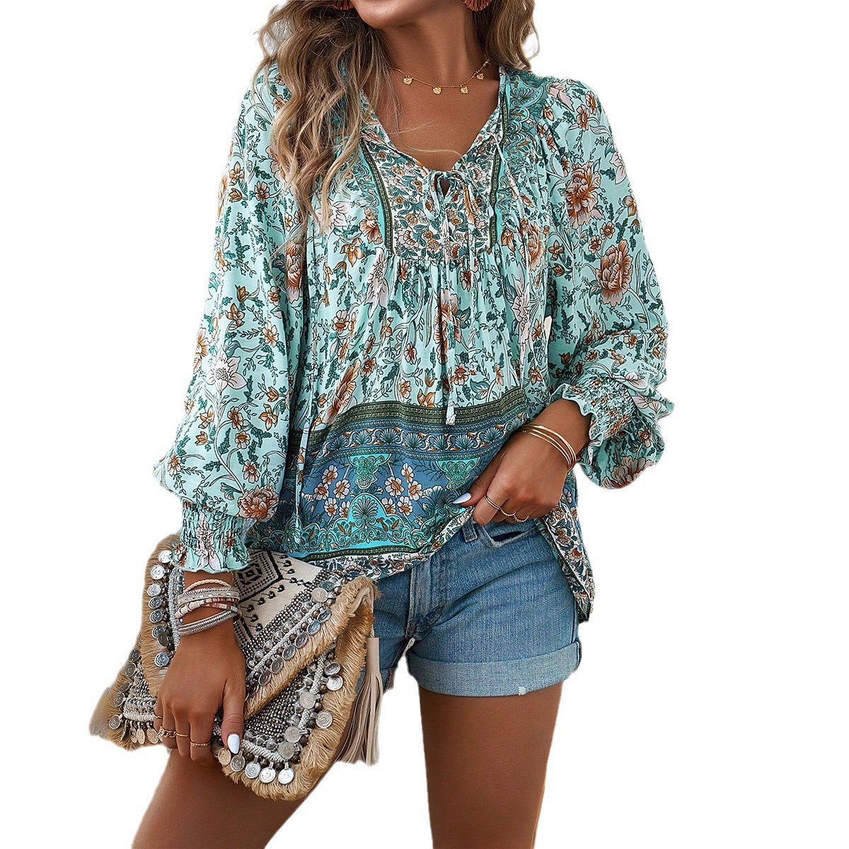 Γυναικεία Μπλούζα Boho με Λουλούδια, Χαλαρή