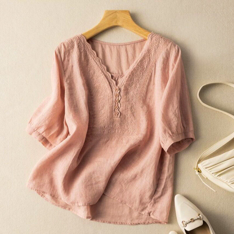 Blouse Femme Brodée Col V avec Coupe Décontractée