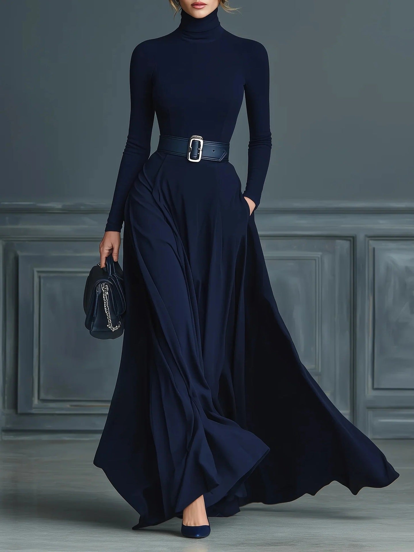 Women's High-Neck Maxi Dress with Belt