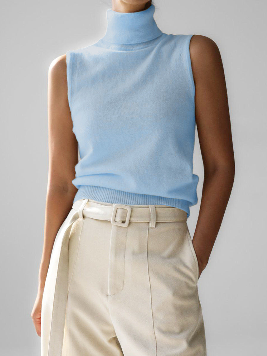 Top tricoté sans manches à col montant pour femme