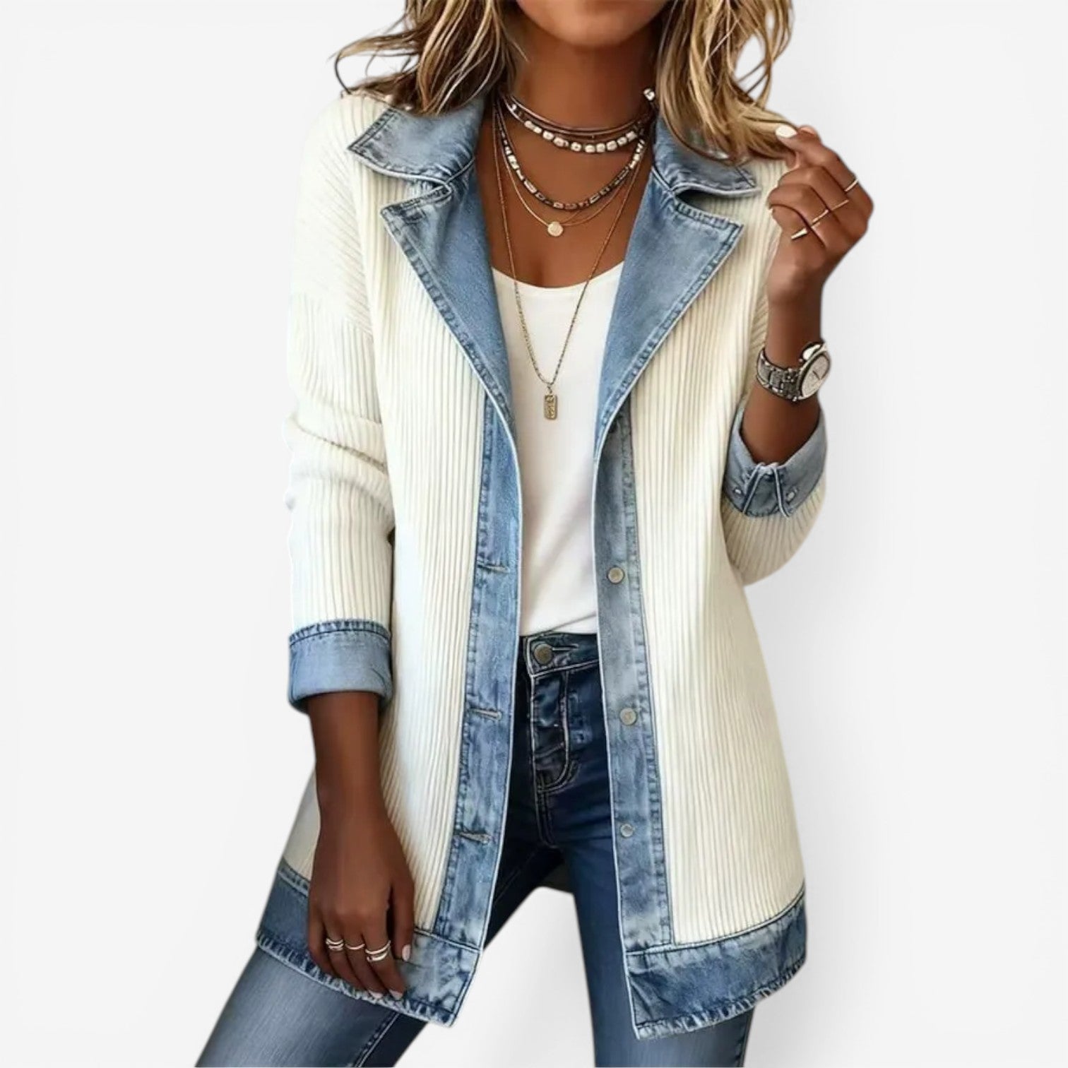 Giacca in maglia da donna con dettaglio in denim e apertura frontale