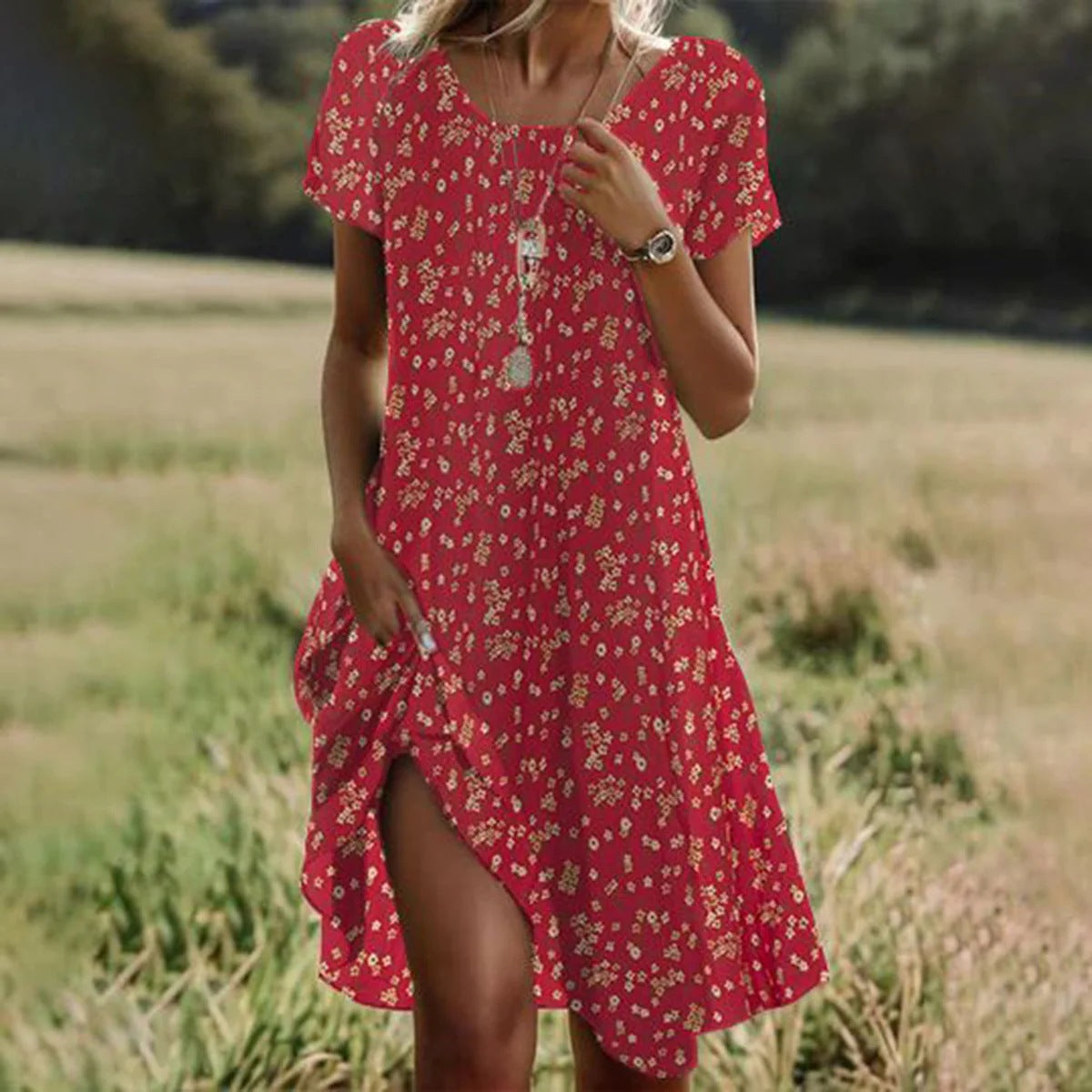 Women’s Floral Print Midi Dress with Fluid Cut