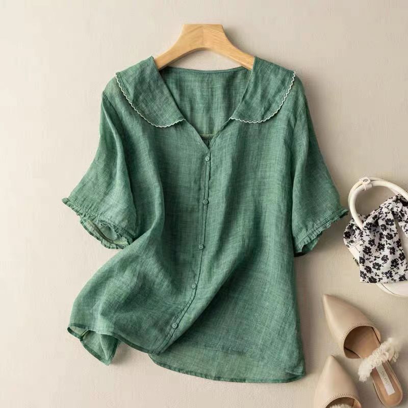 Blouse Vintage à Boutons avec Col Festonné pour Femme