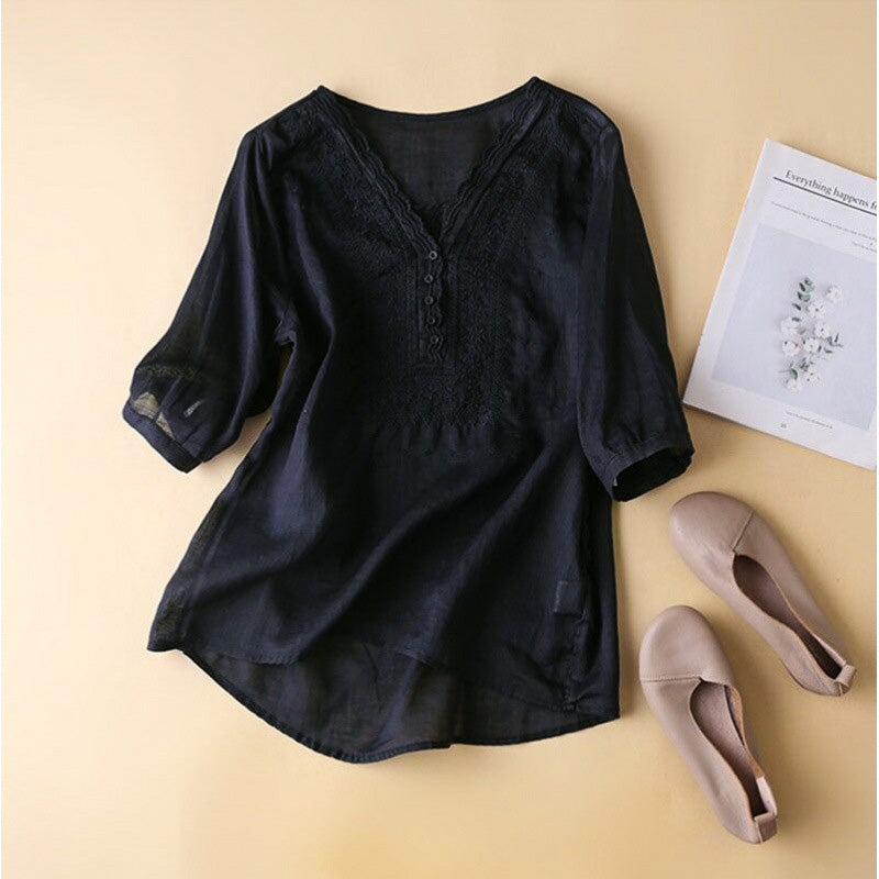 Blouse Femme Brodée Col V avec Coupe Décontractée