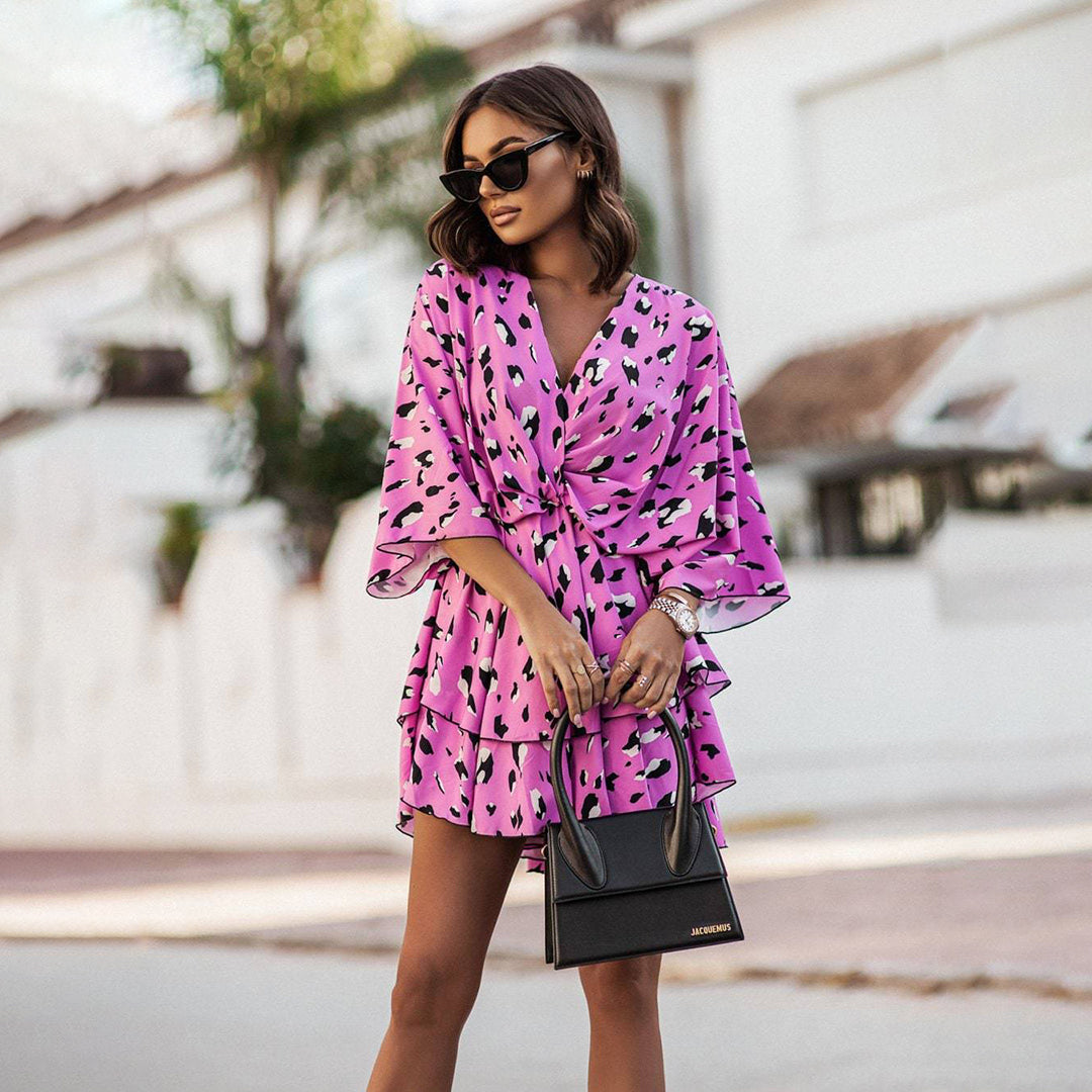 Women's Floral Wrap Long Sleeve V-Neck Mini Dress