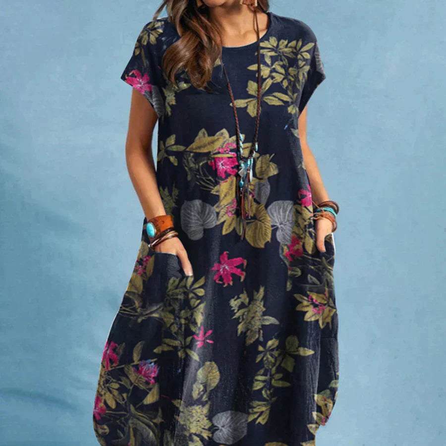 Women's Floral Print Midi Dress with Side Pockets