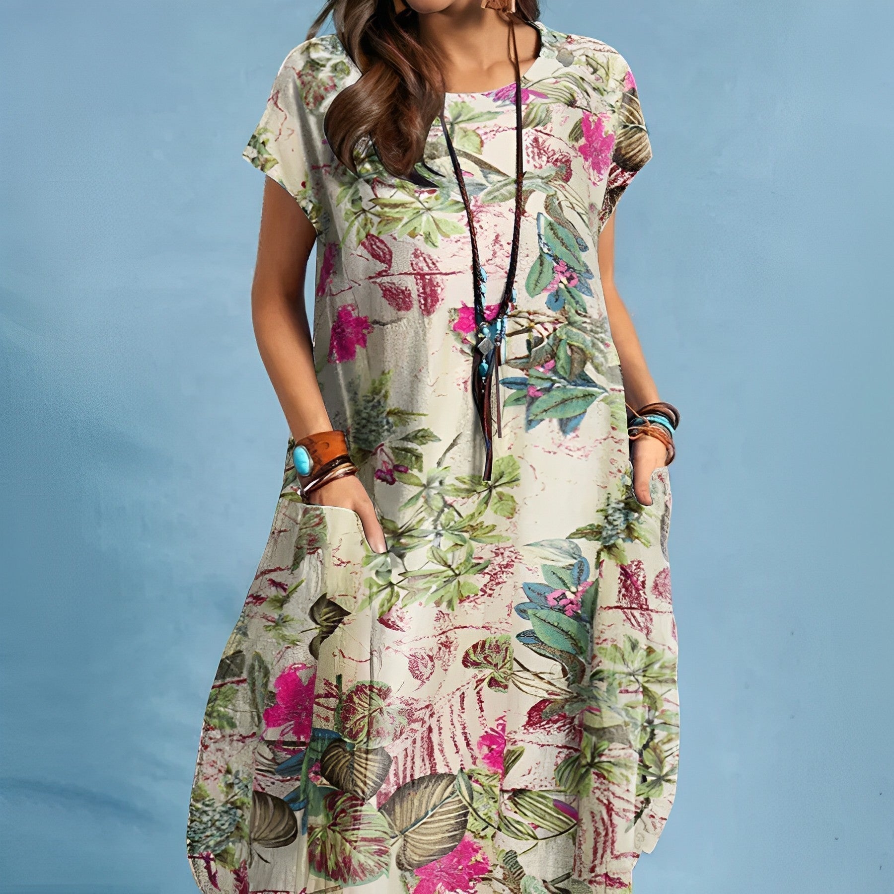 Women's Floral Print Midi Dress with Side Pockets