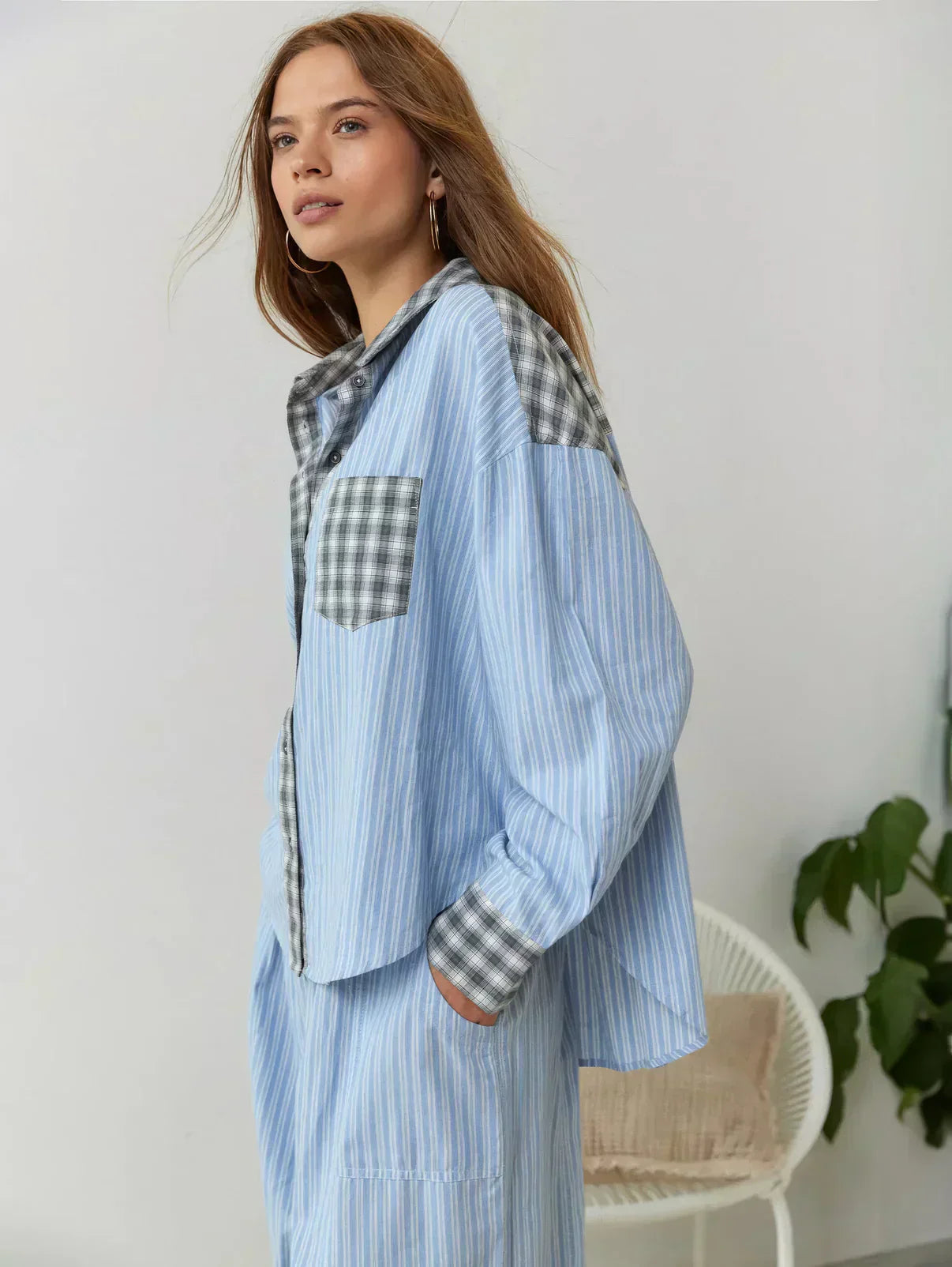 Women’s Plaid Button-Up Pajama Set with Relaxed Fit Pants