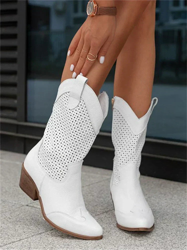 Women's Perforated Western Low-Heel Cowboy Boots