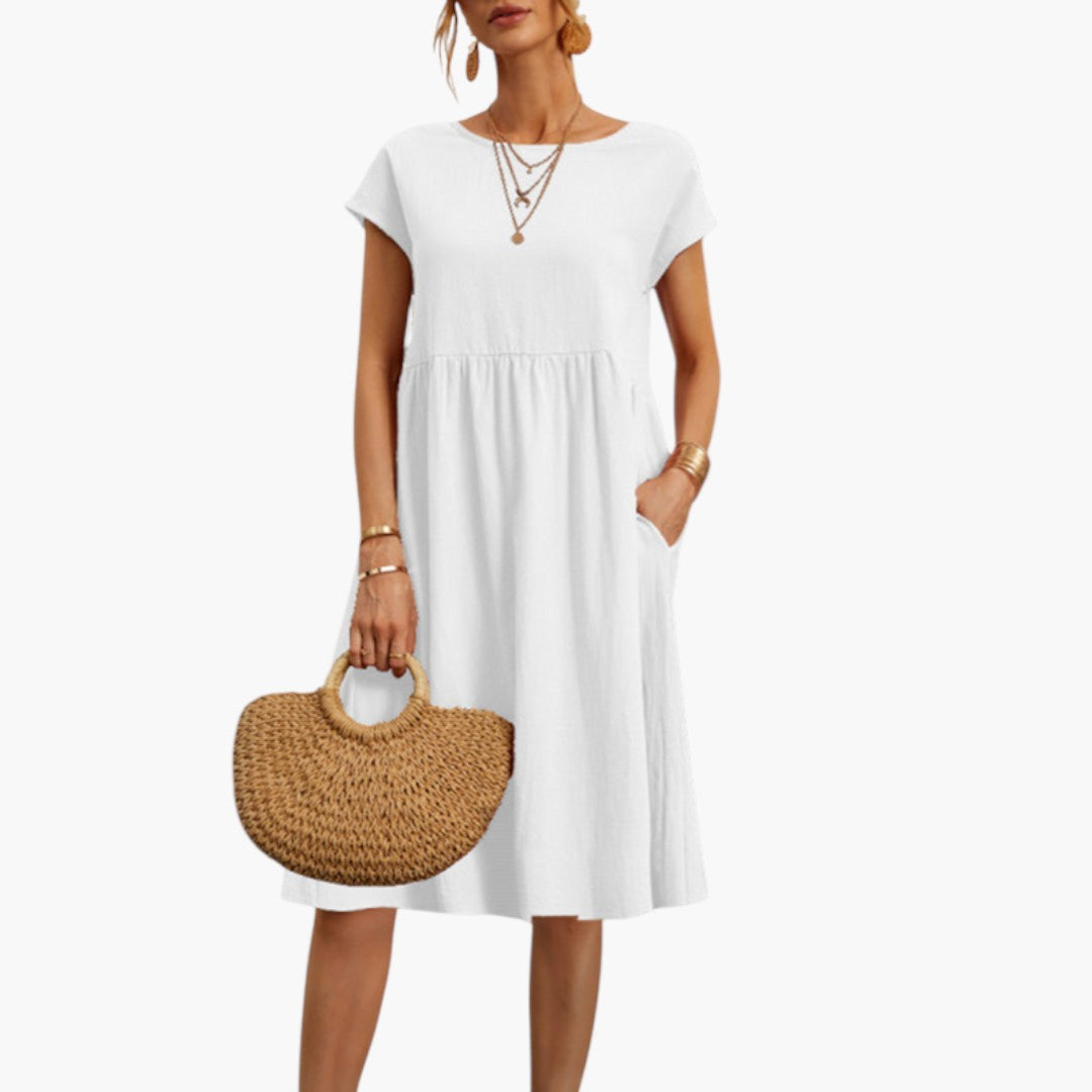Stylish Midi Women’s Dress with Short Sleeves and Side Pockets