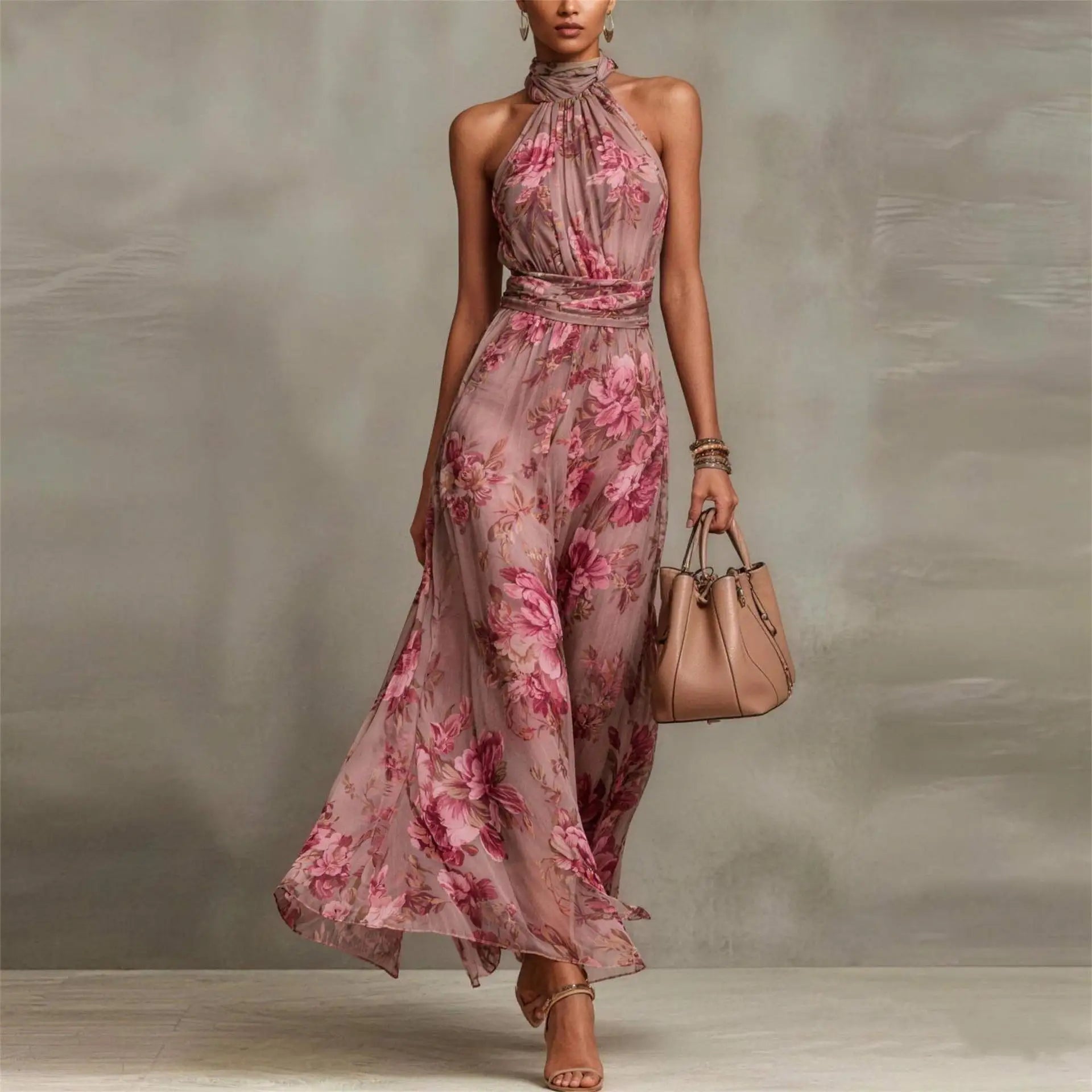 Robe longue à col licou fleurie pour femme