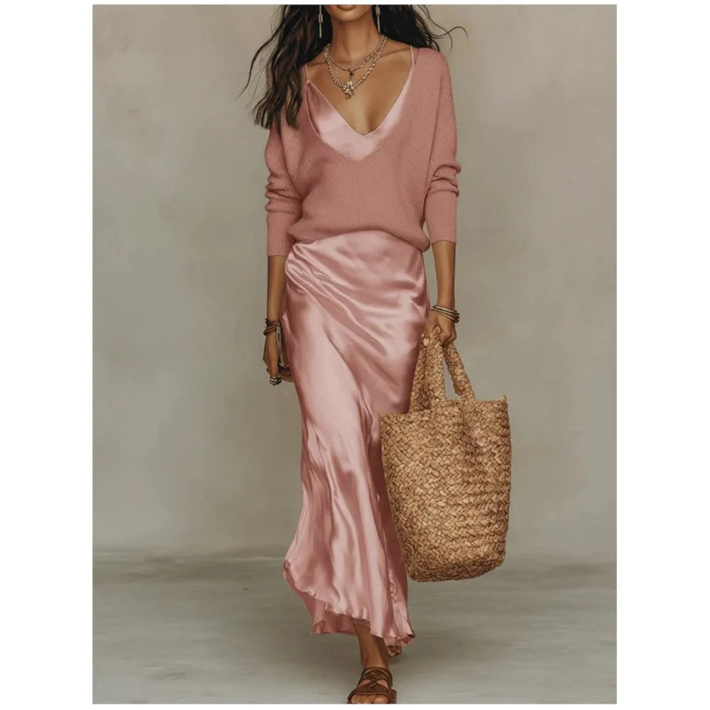 Ensemble deux pièces pour femme : robe en satin et pull col en V