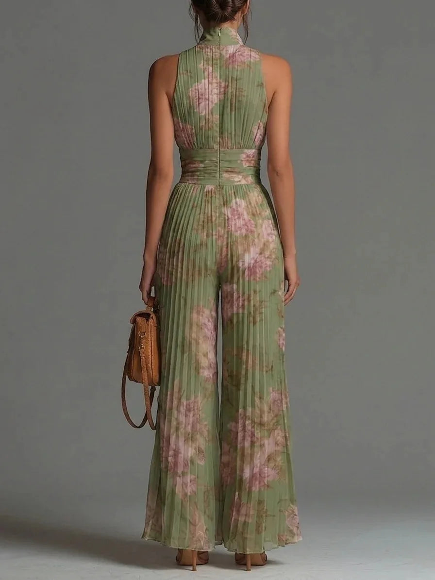 Women's Pleated Floral Jumpsuit with Halter Neck