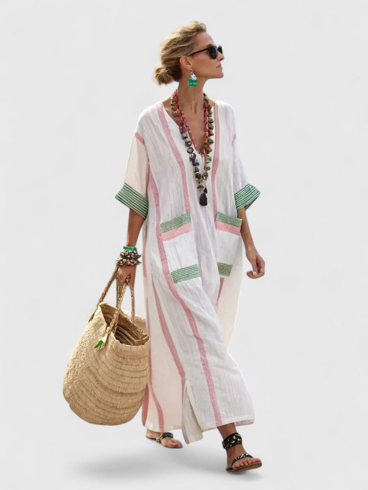 Women's Bohemian Striped V-Neck Maxi Caftan Dress with Pockets
