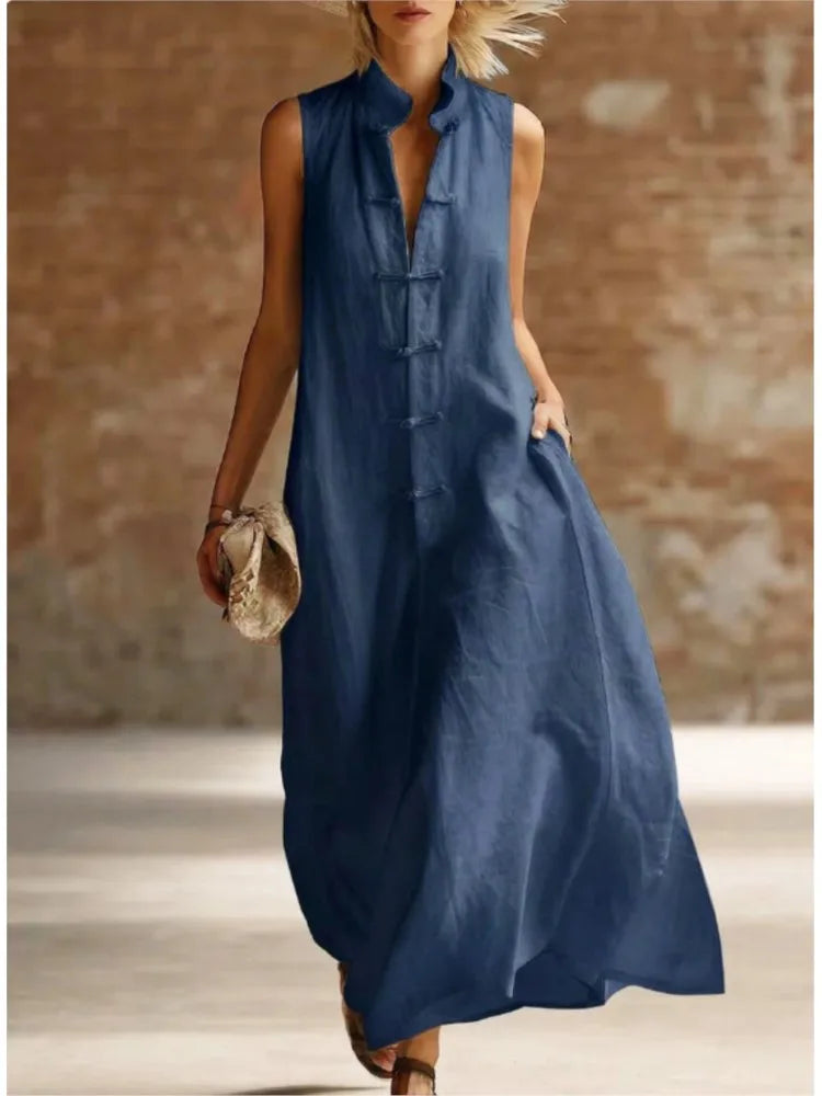 Robe chemise maxi sans manches pour femme