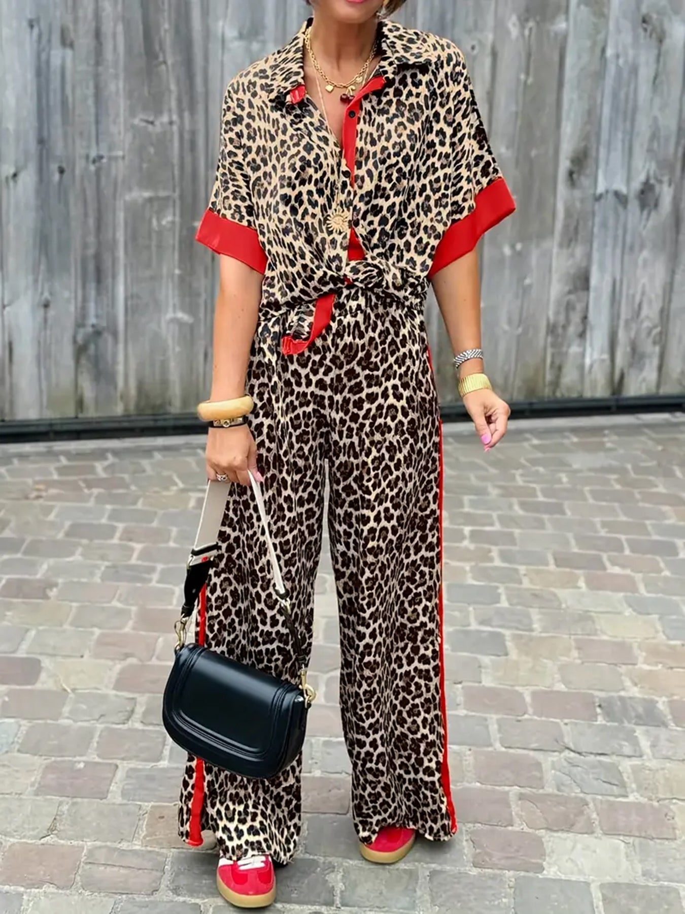 Women's Leopard Print Wide Leg Jumpsuit with V-Neck