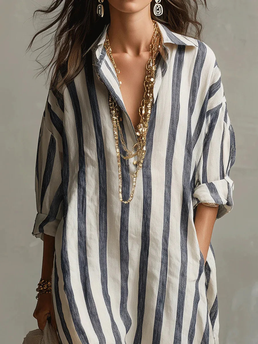 Women's Relaxed Striped Maxi Shirt Dress with V-Neck Collar