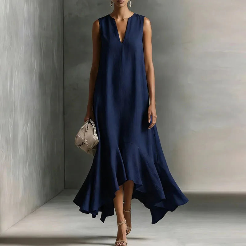 Robe d'été fluide pour femme à col en V avec ourlet à volants