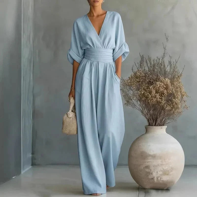 Women's Casual Style V-Neck Wide-Leg Jumpsuit