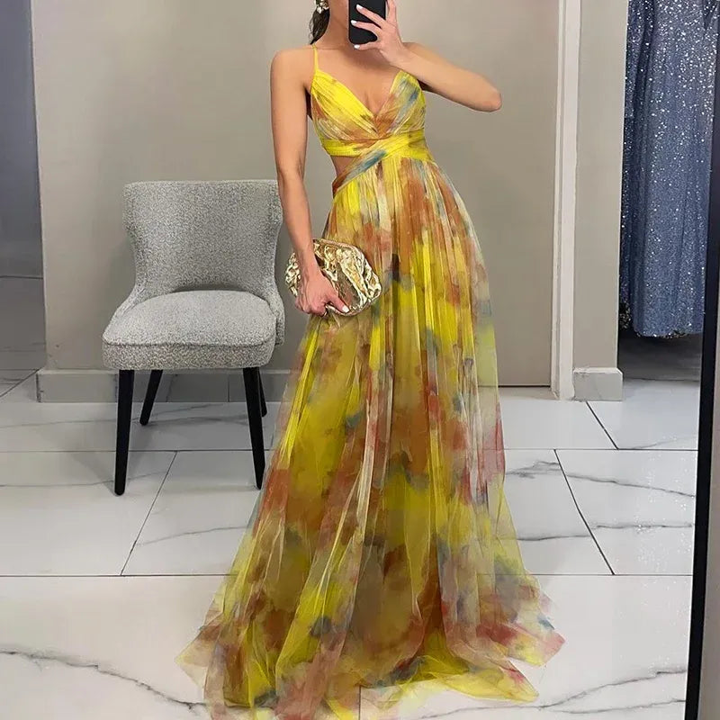 Robe longue élégante pour femme invitée de mariage avec col en V