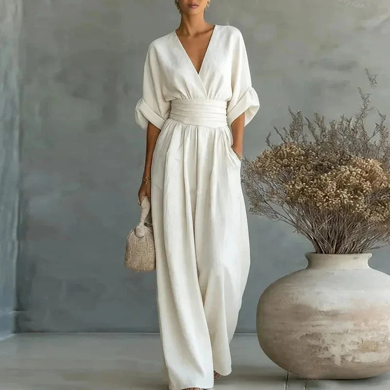 Women's Casual Style V-Neck Wide-Leg Jumpsuit
