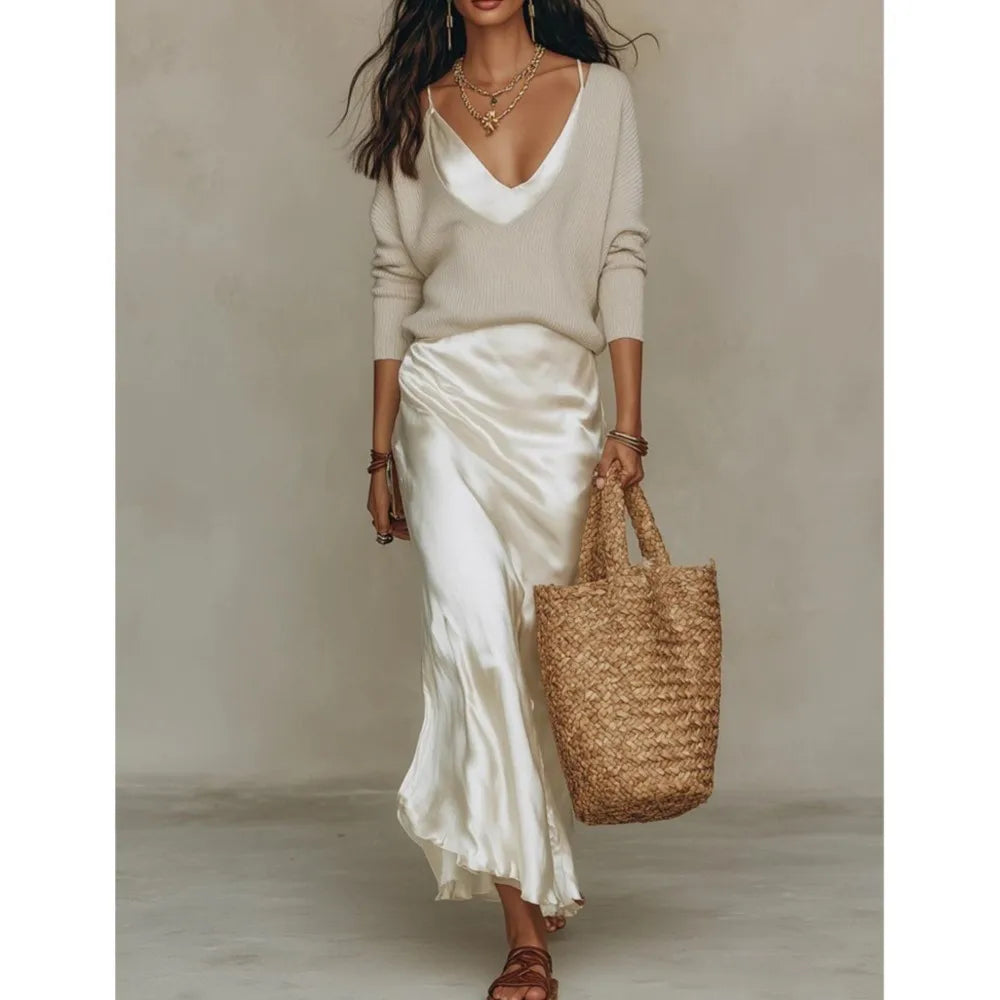 Ensemble deux pièces pour femme : robe en satin et pull col en V